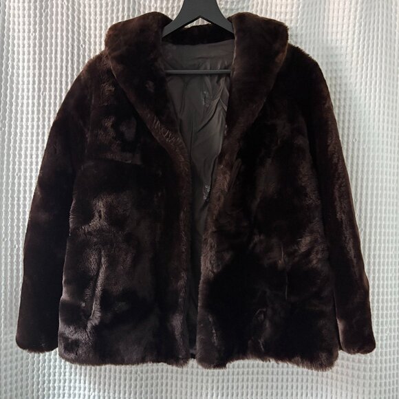 Vintage chocolate brown mouton sheepskin fur open front jacket women's medium - Picture 1 of 3